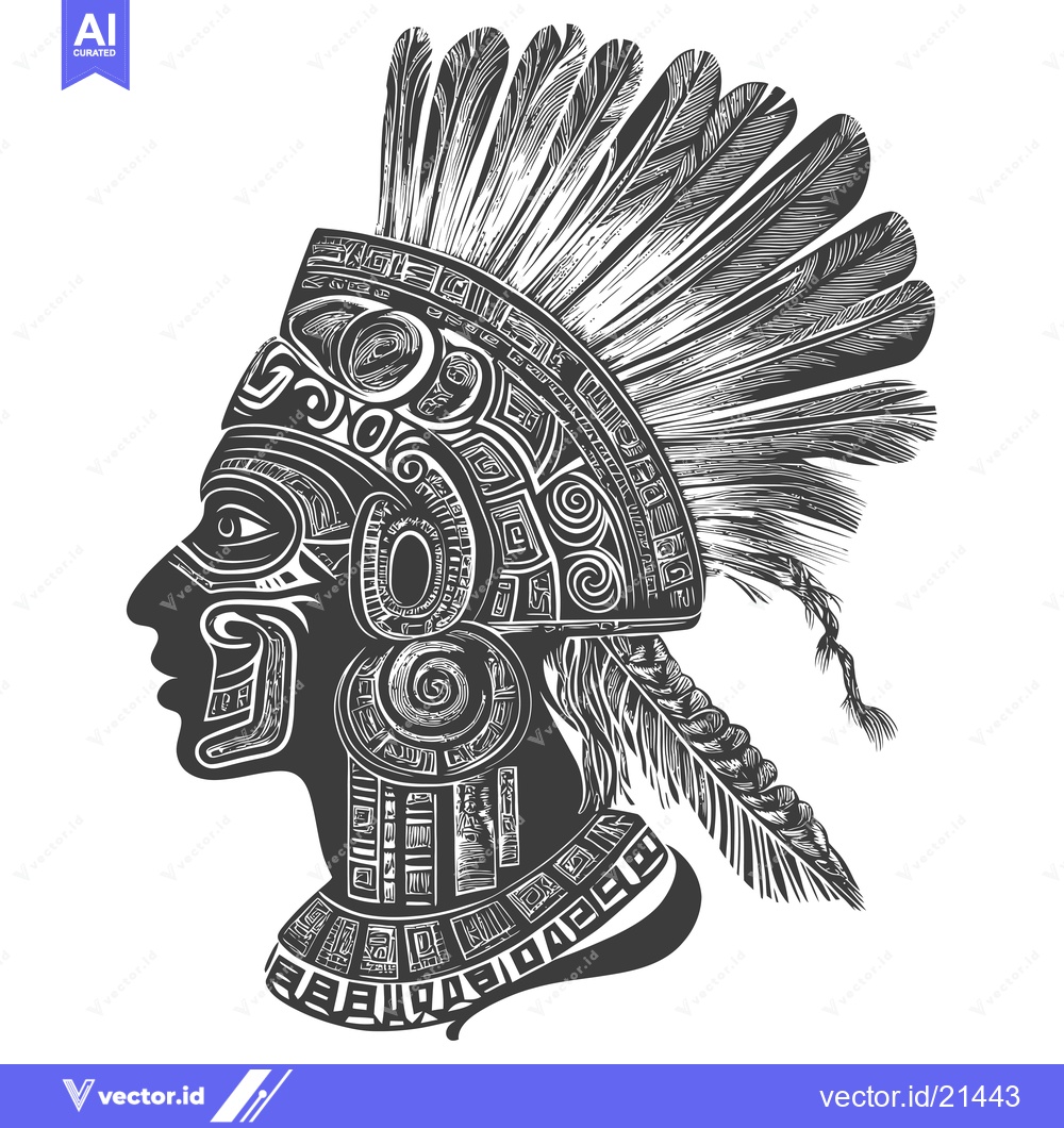 Premium Vector dari Aztec Warrior Profile with Intricate Headdress and Feathers