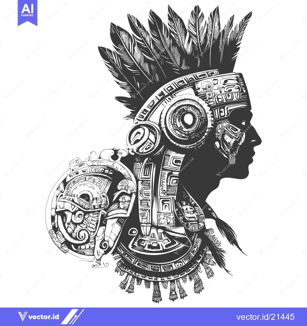 Premium Vector dari Aztec Warrior Profile with Ornate Headdress and Feathers