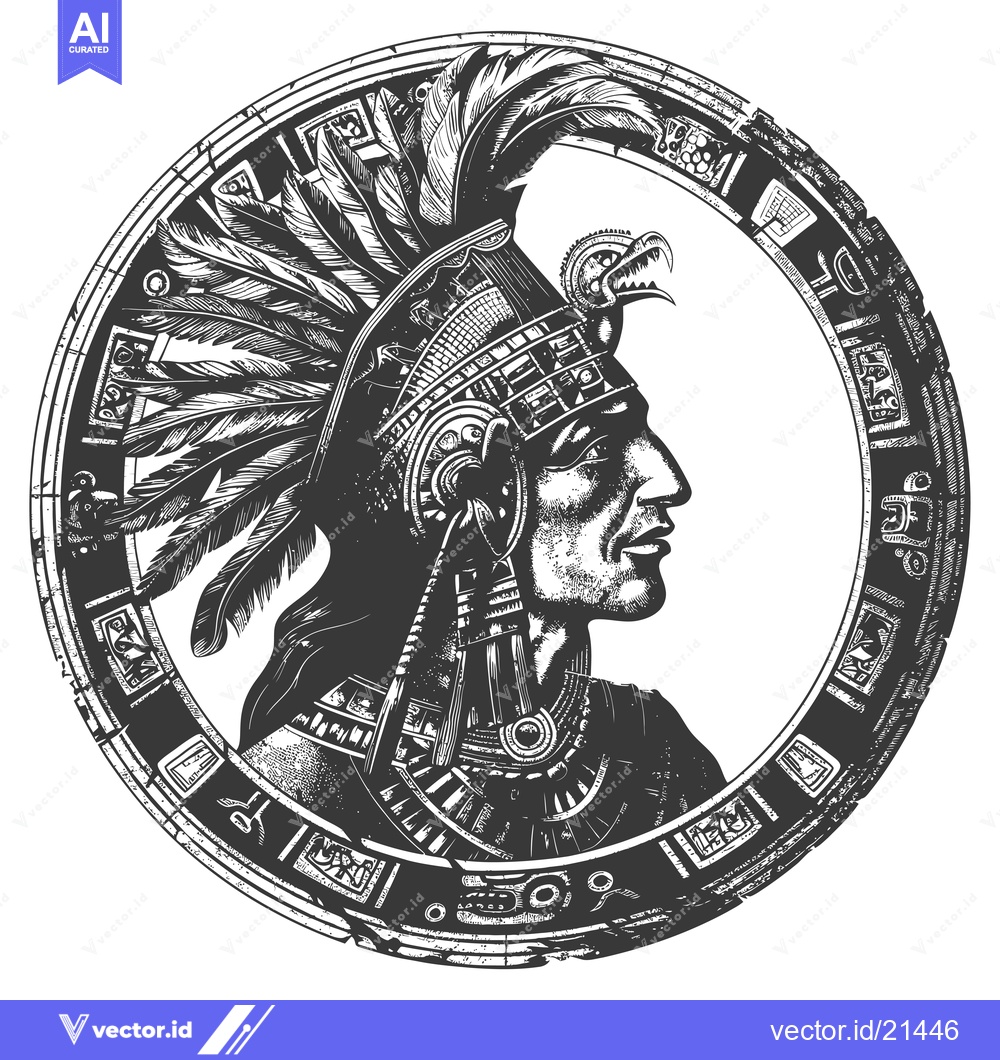 Premium Vector dari Aztec Warrior Profile with Ornate Headress and Circular Frame