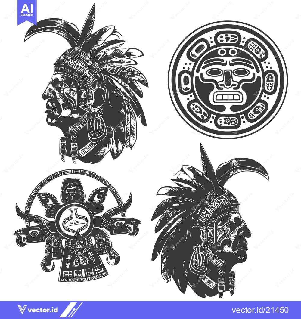 Premium Vector dari Aztec Warriors and Symbols in Black and White