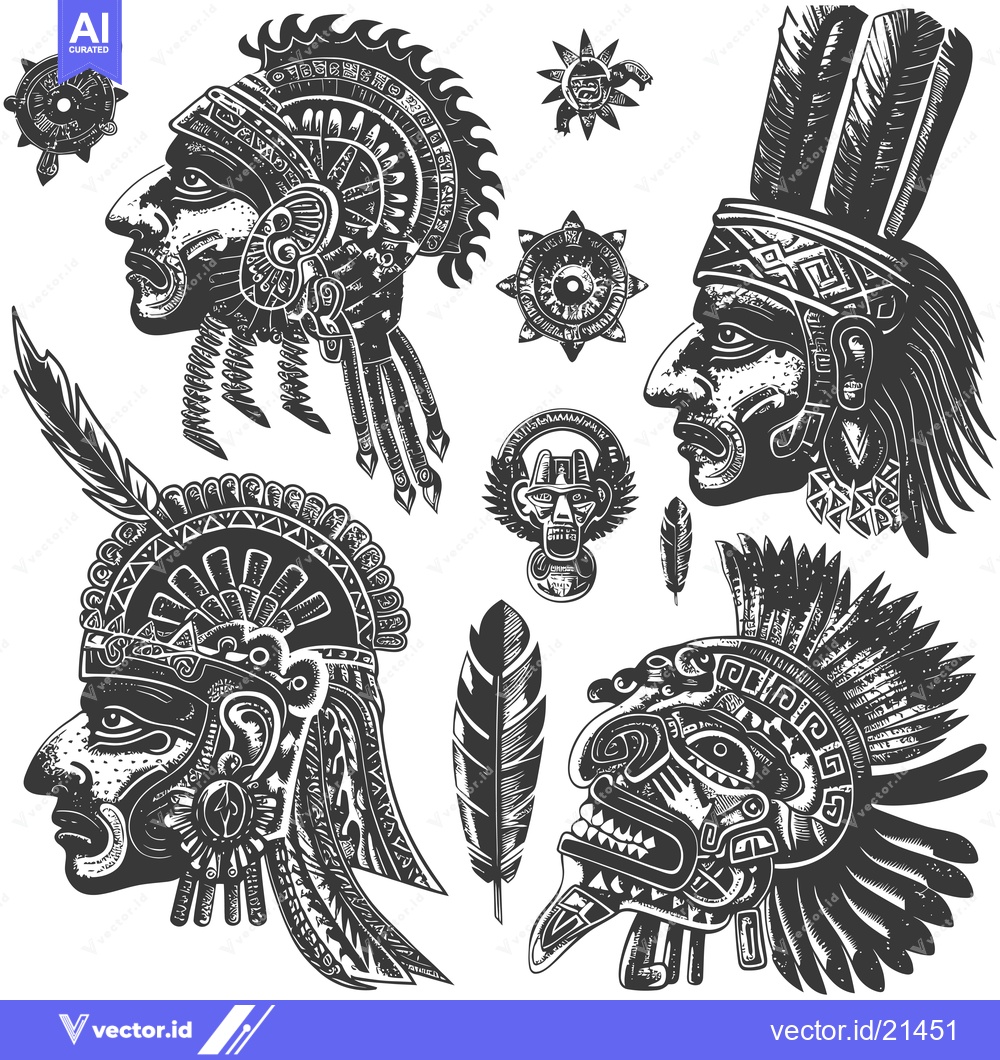 Premium Vector dari Aztec Warriors and Tribal Symbols in Black and White