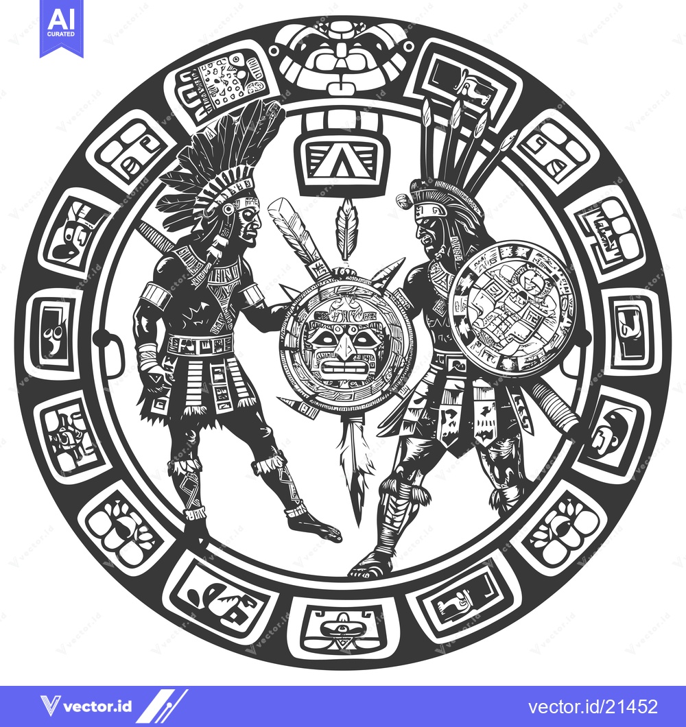 Premium Vector dari Aztec Warriors Confronting a Central Mask Inside a Circular Design