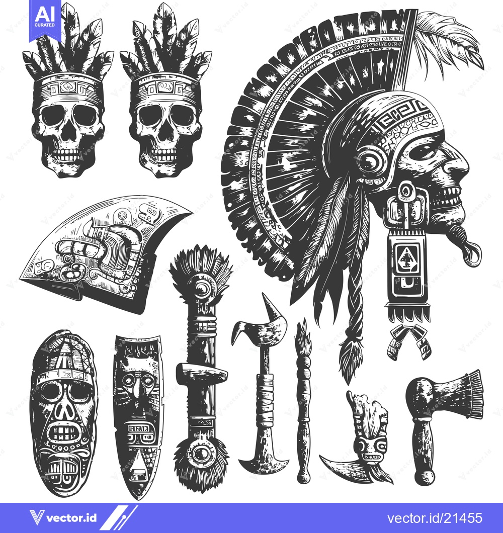 Premium Vector dari Aztec Warrior Skull and Weapons Hand Drawn Illustrations