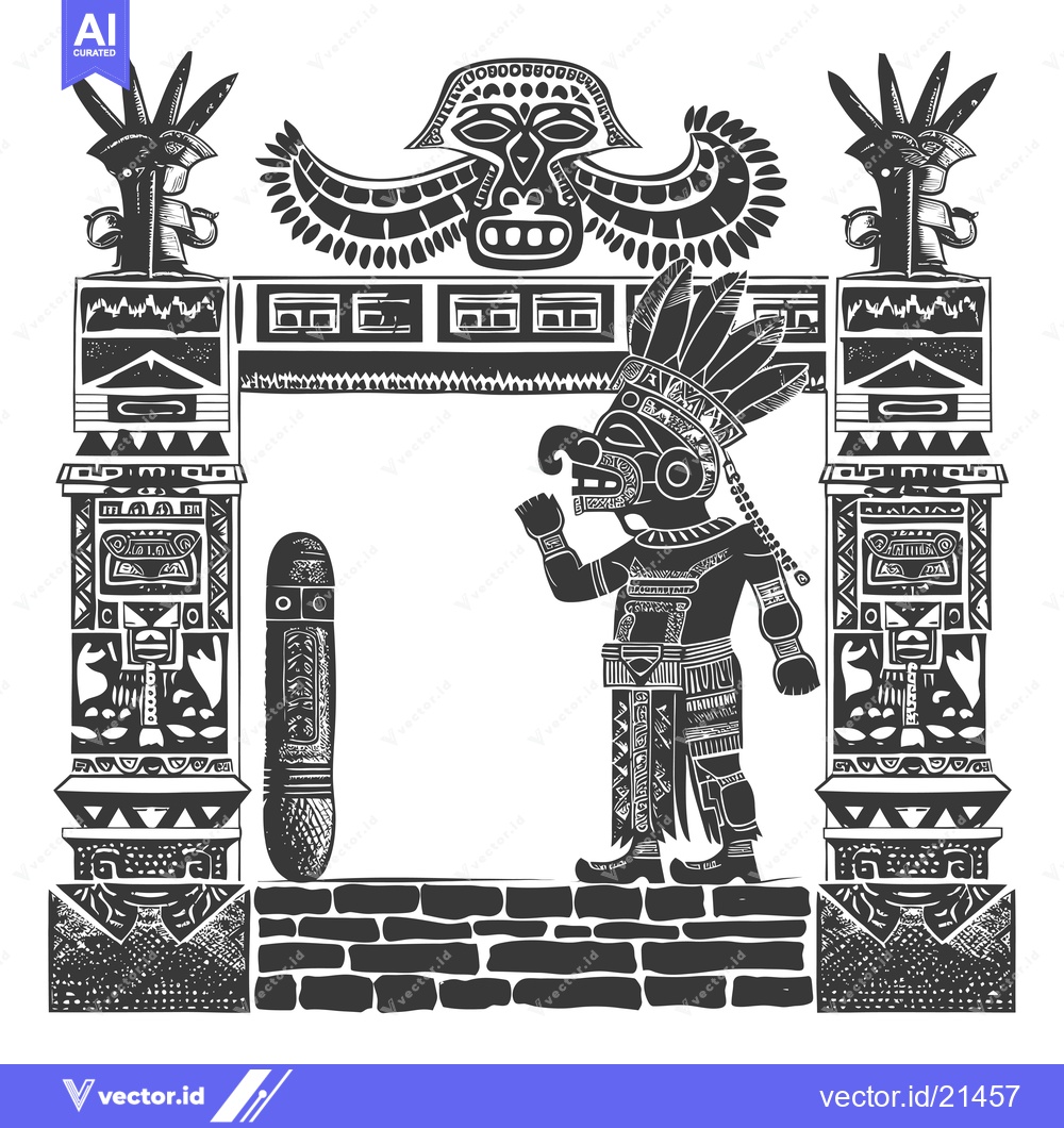 Premium Vector of Aztec Warrior Standing Before a Ceremonial Gateway