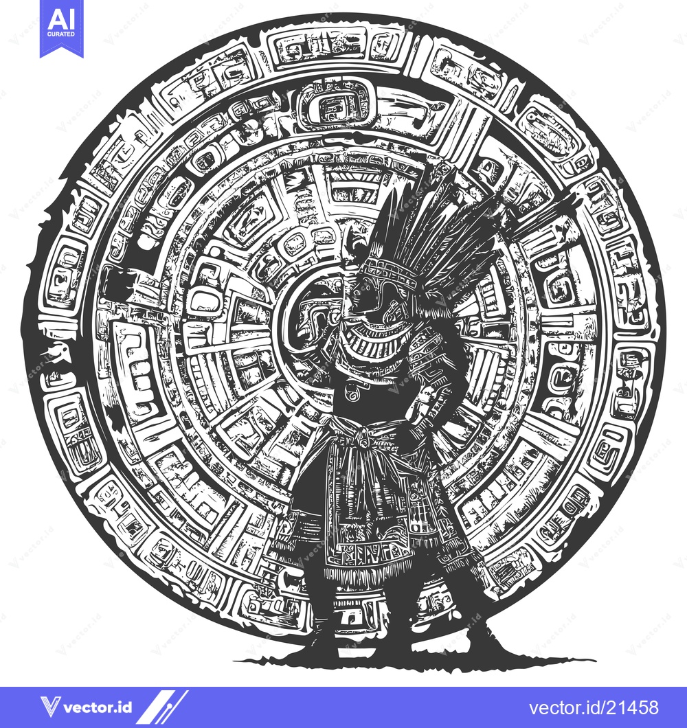 Premium Vector dari Aztec Warrior Standing Before a Circular Design