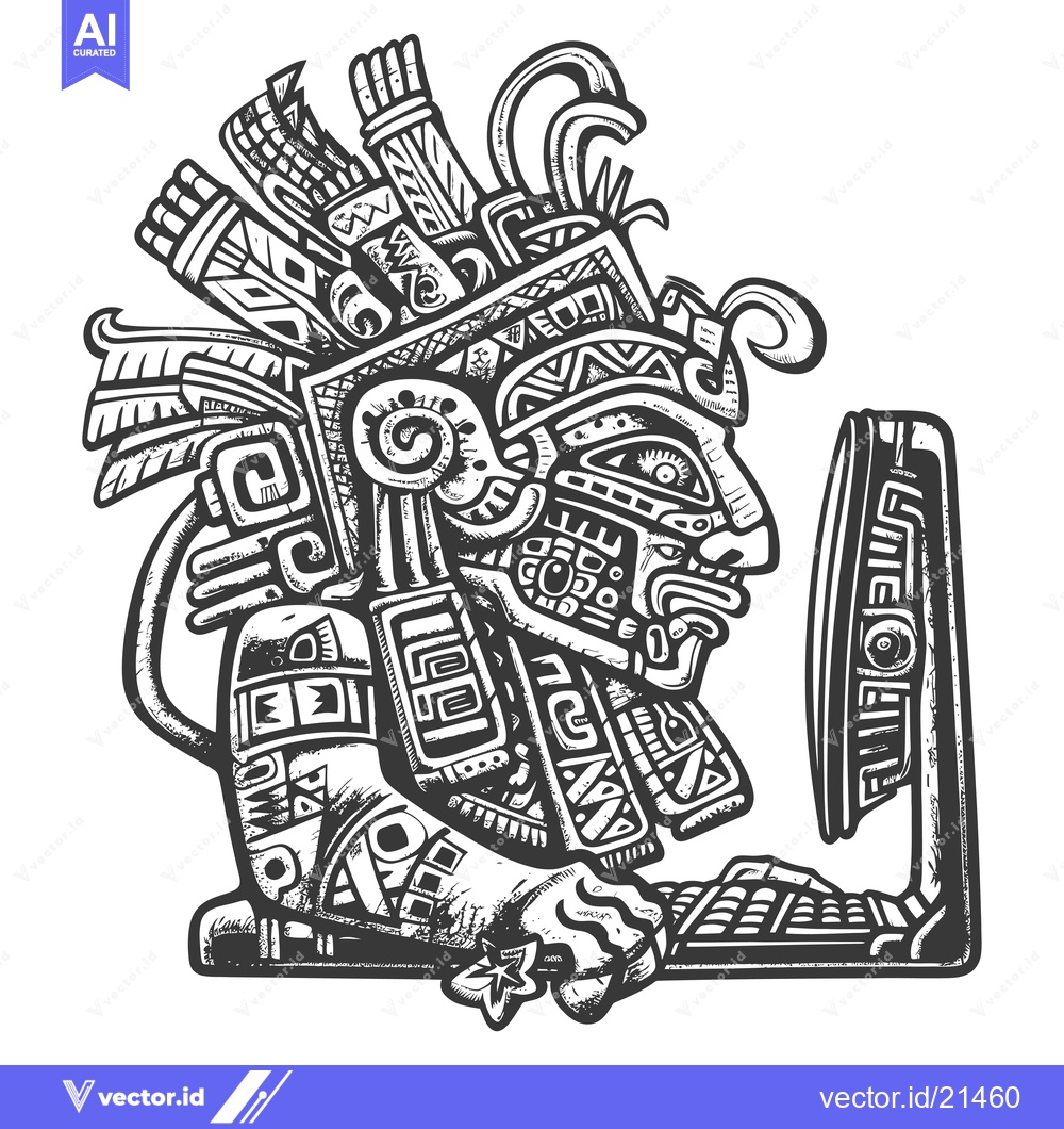 Premium Vector dari Aztec Warrior Using a Computer