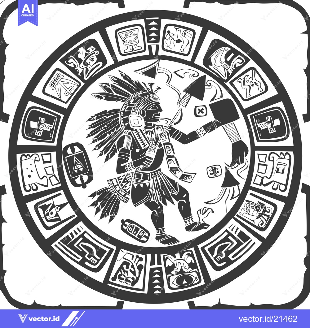 Premium Vector of Aztec Warrior with Circular Design and Glyphs