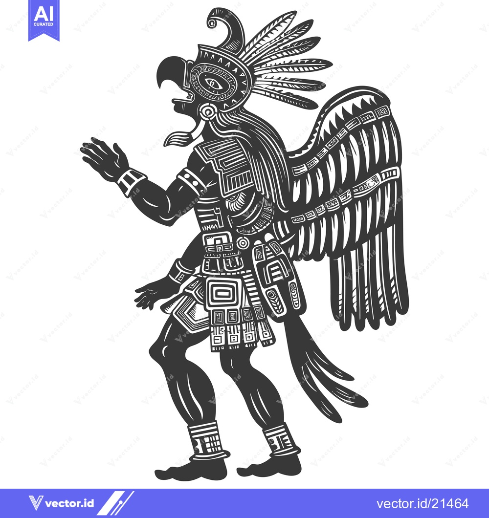 Premium Vector of Aztec Warrior With Eagle Feathers and Helmet