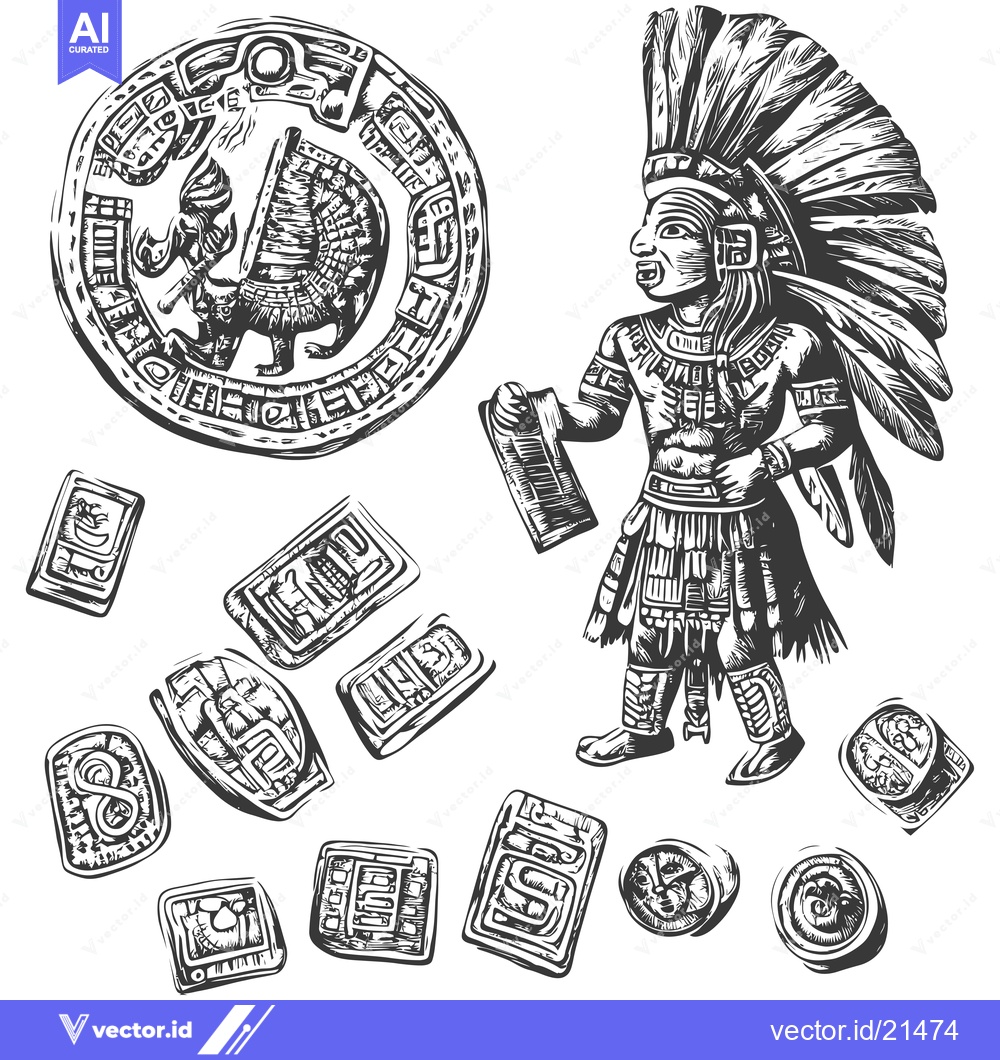 Premium Vector dari Aztec Warrior with Feathered Headdress and Ancient Symbols