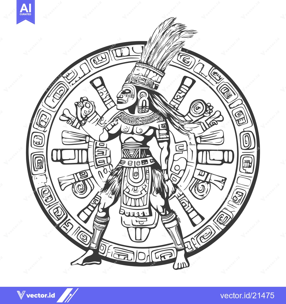 Premium Vector dari Aztec Warrior with Feathered Headdress and Circular Ornamental Design