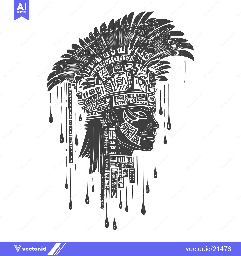 Premium Vector of Aztec Warrior with Feathered Headdress and Dripping Ink