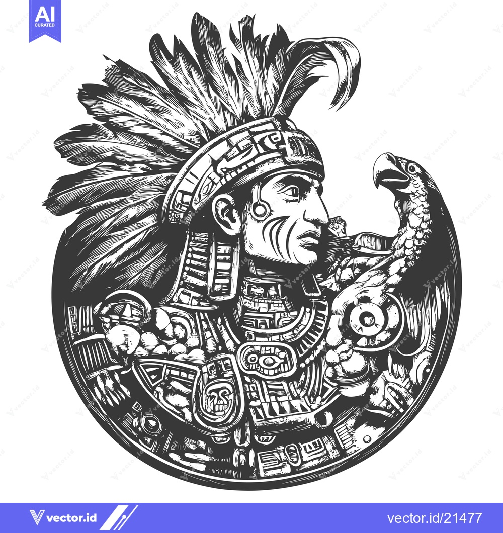 Premium Vector of Aztec Warrior with Feathered Headdress and Eagle