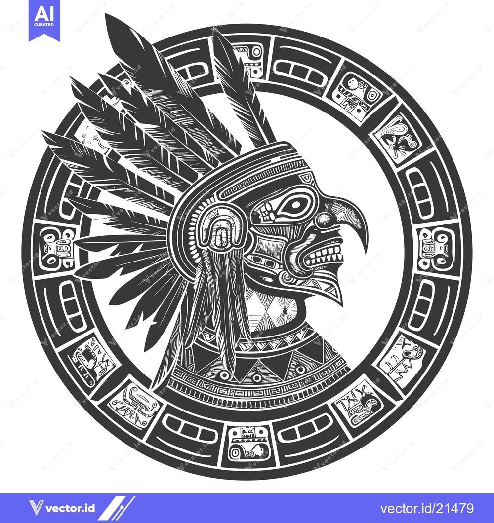 Premium Vector dari Aztec Warrior with Feathered Headdress and Glyphs