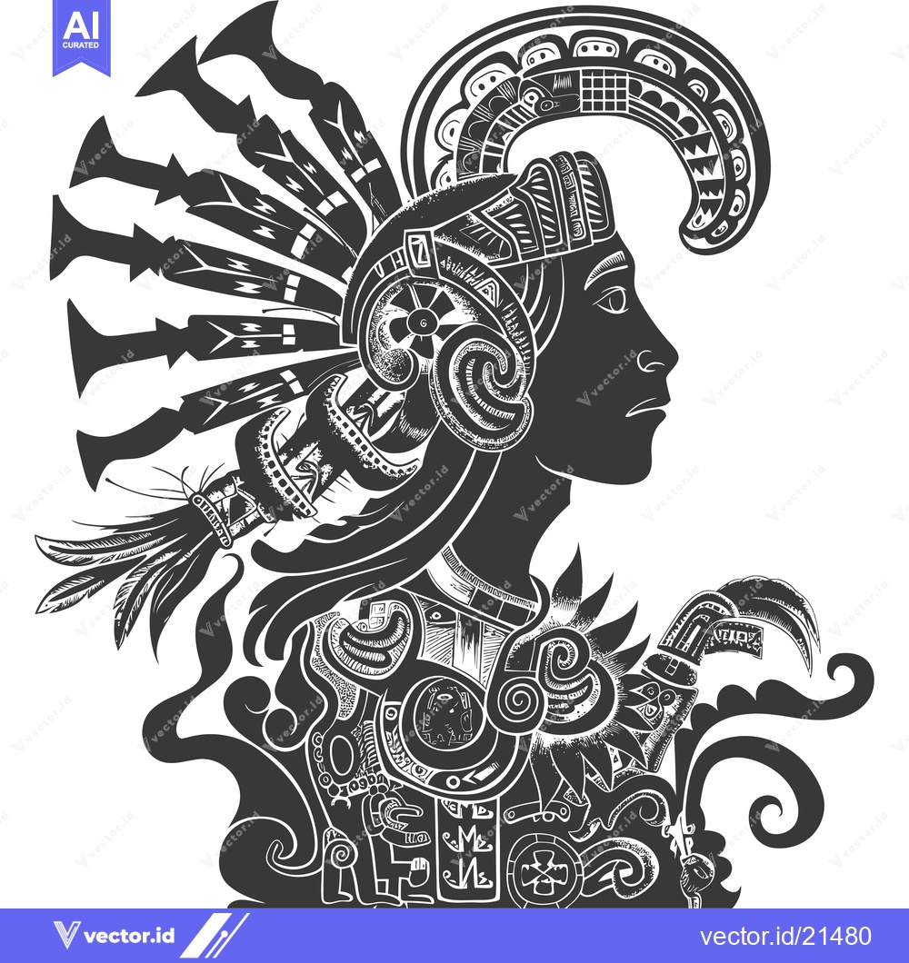 Premium Vector of Aztec Warrior with Feathered Headdress and Intricate Decorations