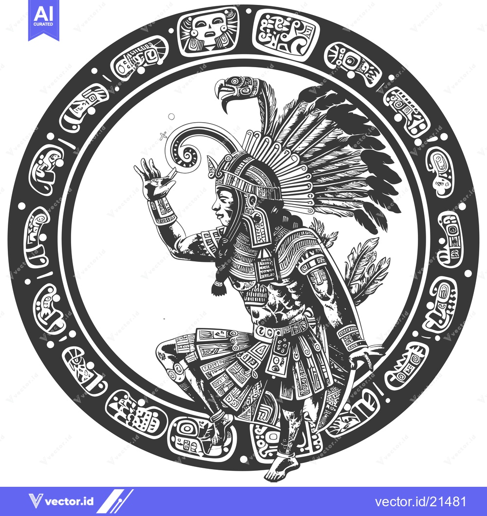 Premium Vector of Aztec Warrior With Feathered Headdress and Ornamental Frame