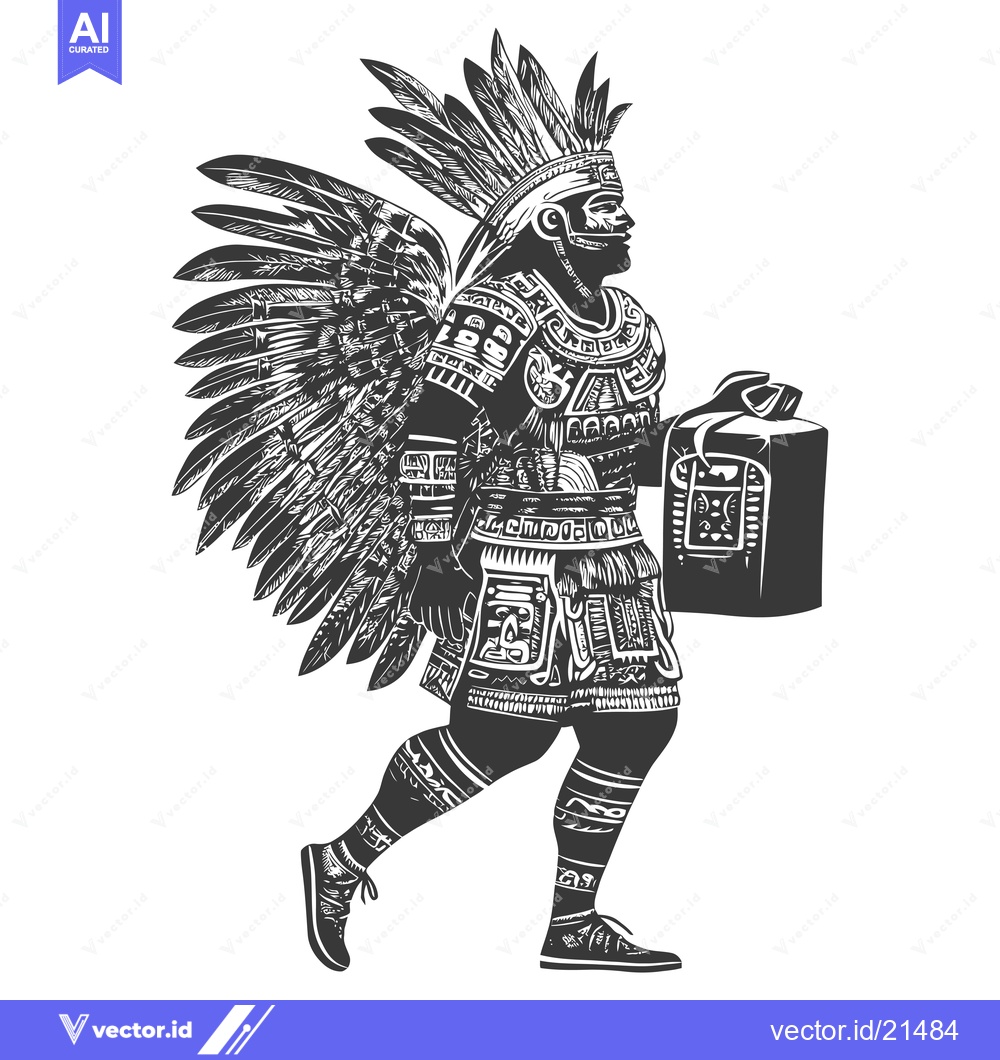 Premium Vector of Aztec Warrior with Feathered Headdress and Shield