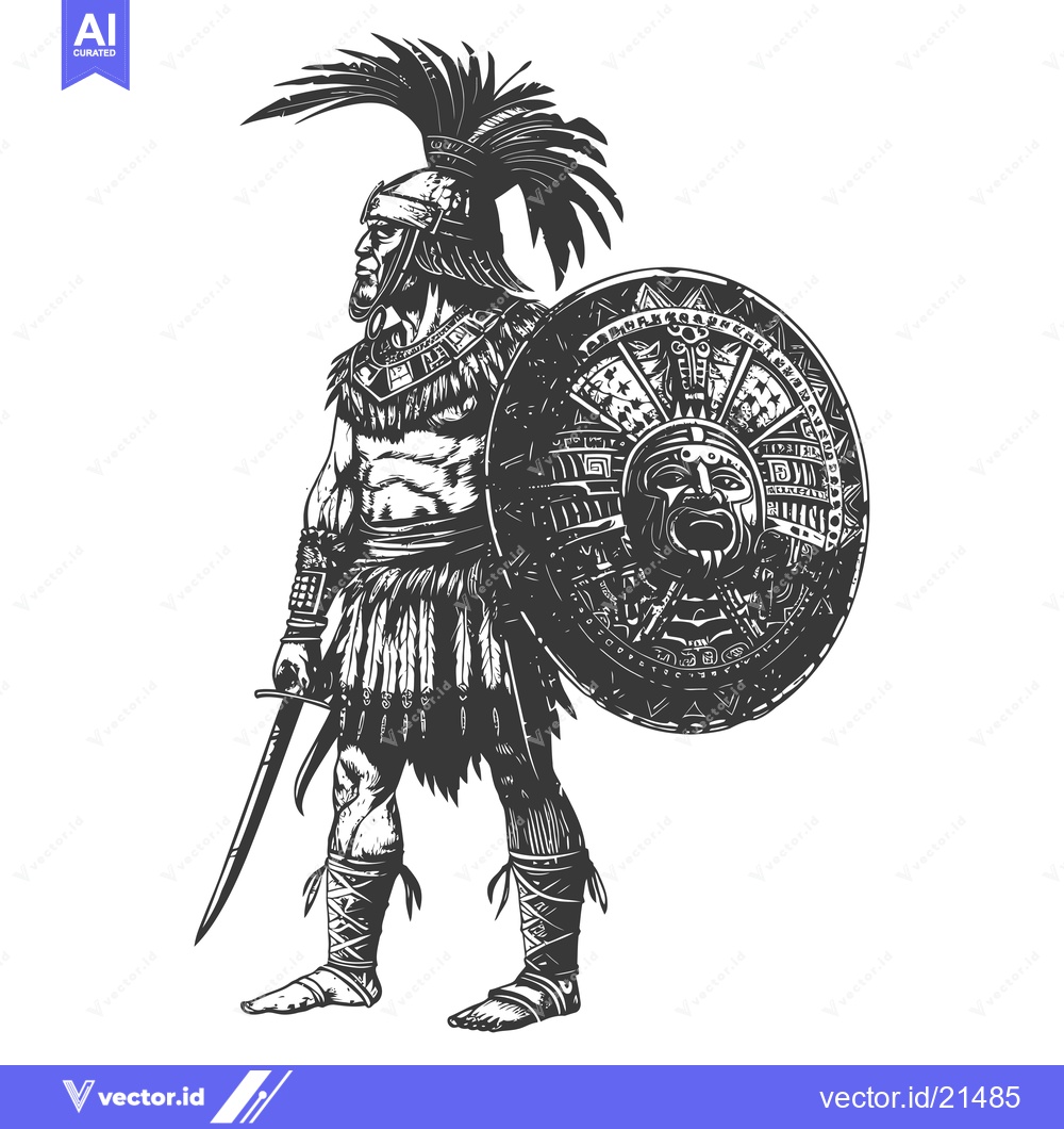 Premium Vector dari Aztec Warrior with Feathered Headdress and Shield