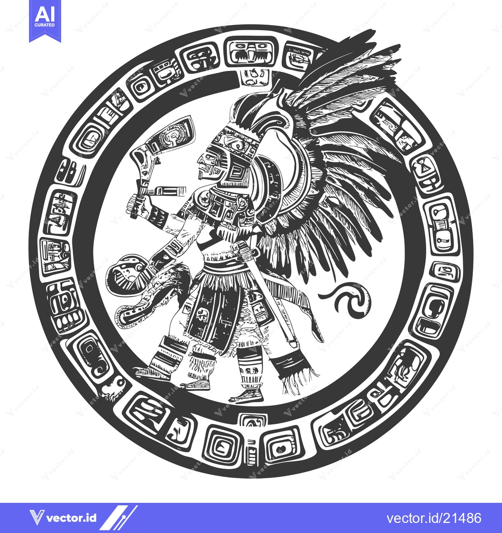 Premium Vector dari Aztec Warrior with Feathered Headdress and Weapon