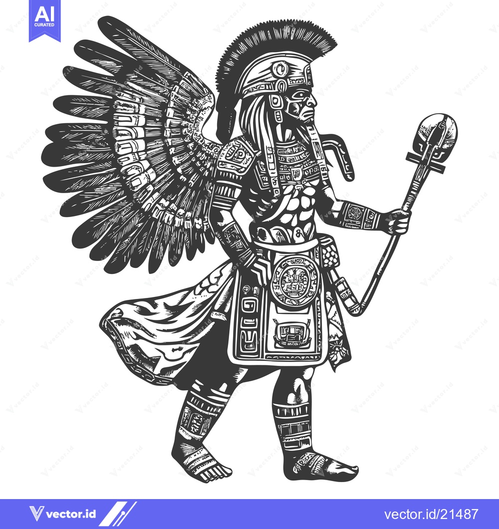 Premium Vector of Aztec Warrior with Feathered Headdress and Weapon