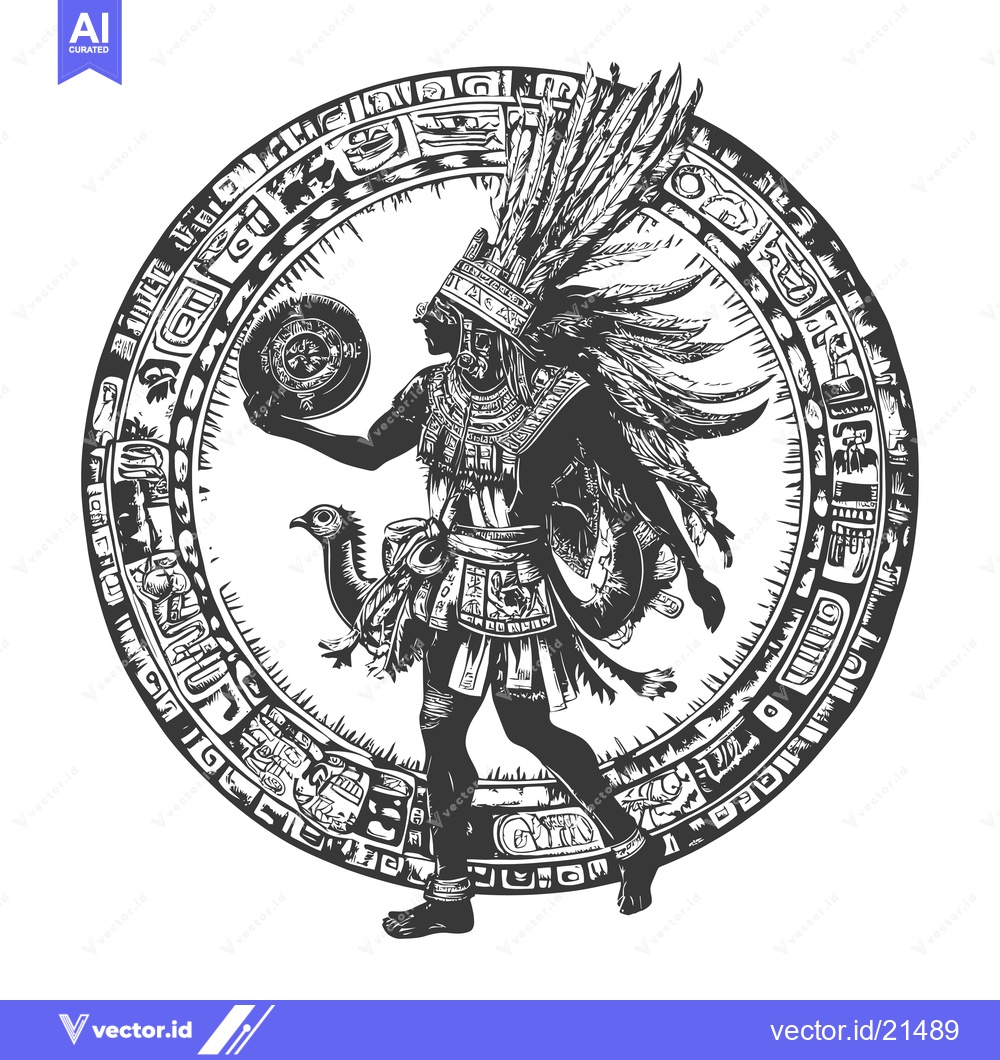Premium Vector dari Aztec Warrior with Feathered Headdress Holding a Circular Object