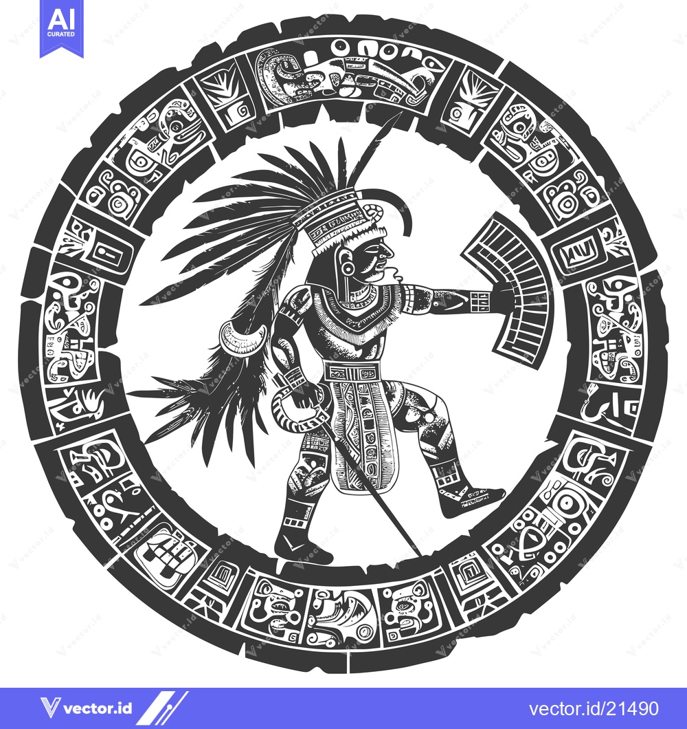 Premium Vector dari Aztec Warrior with Feathered Headdress in Circular Design