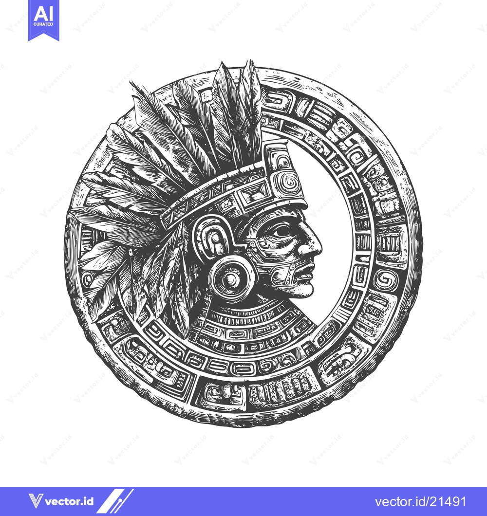 Premium Vector of Aztec Warrior with Feathered Headdress in Circular Frame