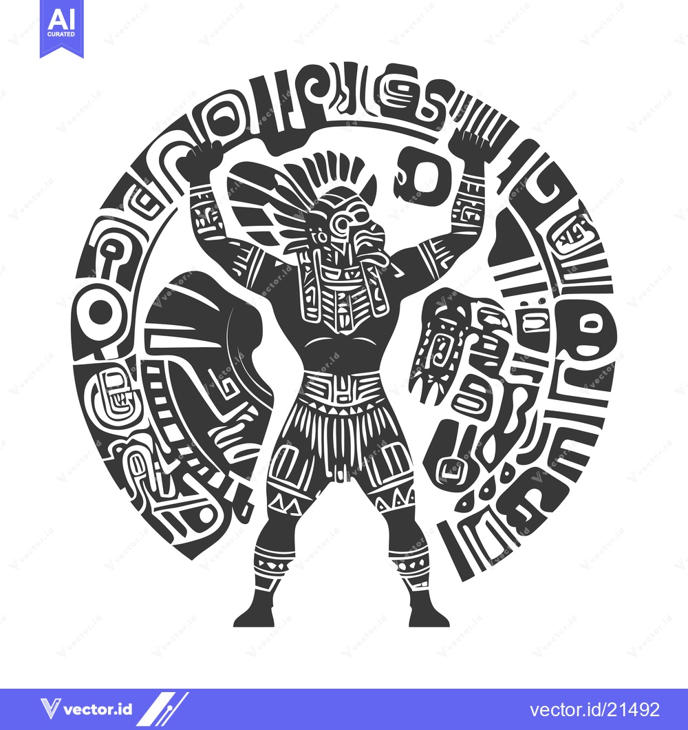 Premium Vector of Aztec Warrior with Feathered Headdress Inside a Circular Design