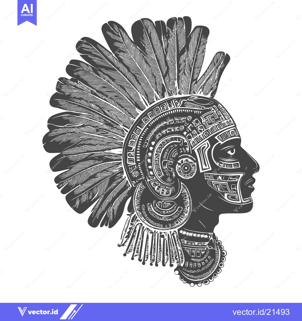 Premium Vector dari Aztec Warrior with Feathered Headress and Geometric Patterns