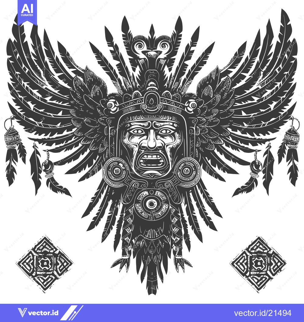 Premium Vector dari Aztec Warrior with Feathered Wings and Ornate Headwear