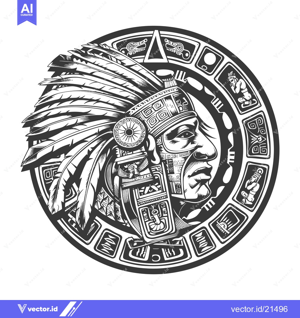 Premium Vector of Aztec Warrior with Feather Headdress and Circular Design