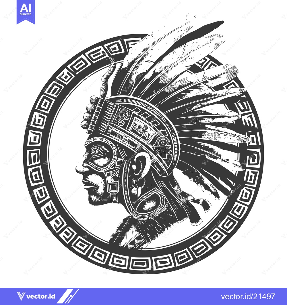 Premium Vector of Aztec Warrior with Feather Headdress and Geometric Pattern