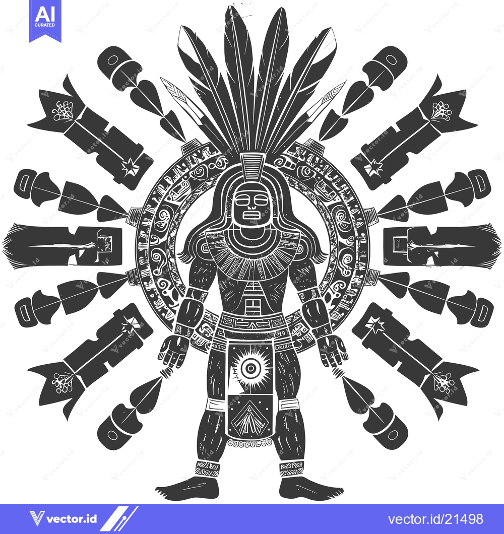 Premium Vector dari Aztec Warrior with Feather Headdress and Symbolic Surroundings