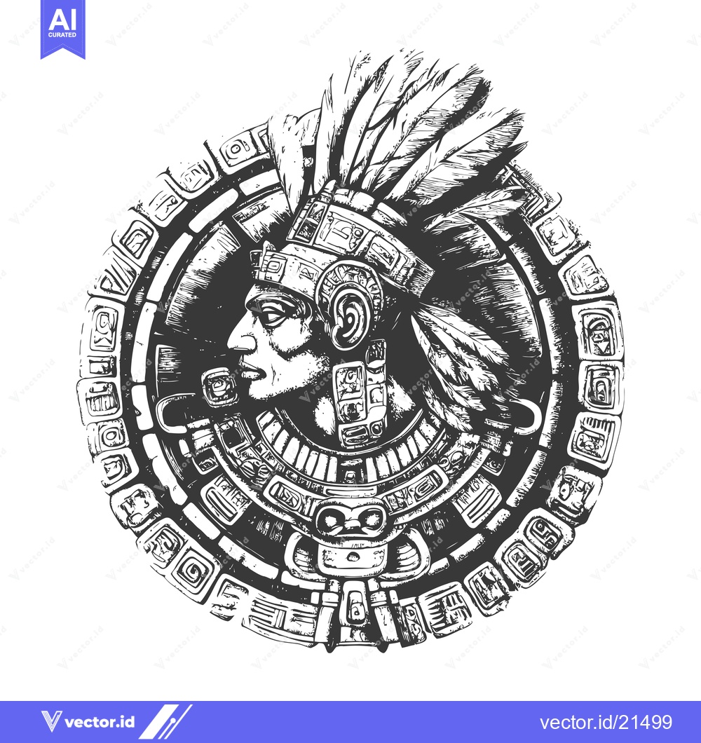 Premium Vector dari Aztec Warrior with Feather Headdress in Circular Frame