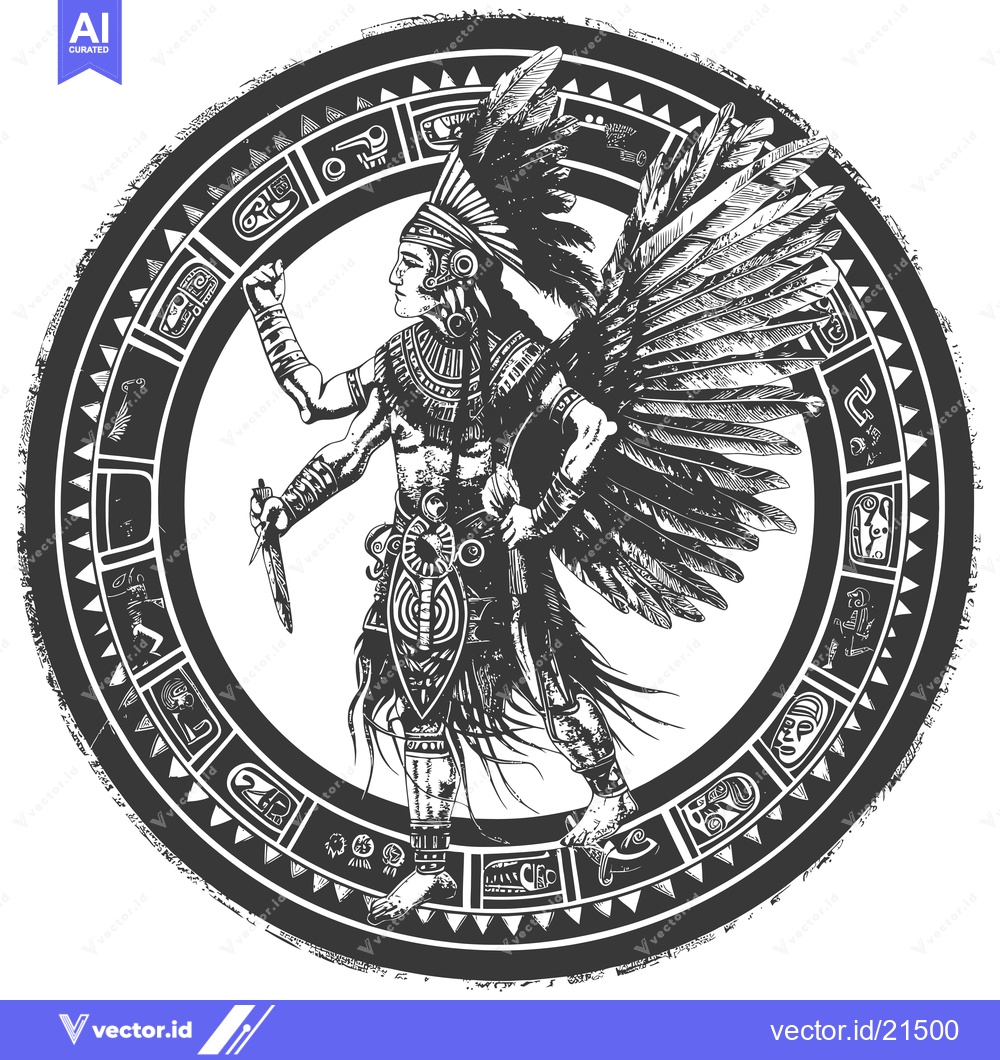 Premium Vector dari Aztec Warrior with Feathers and Ancient Symbols