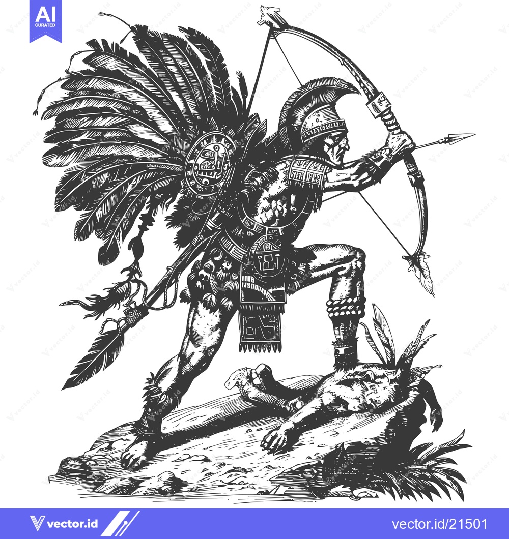 Premium Vector dari Aztec Warrior with Feathers and Bow and Arrow Aiming at Enemy