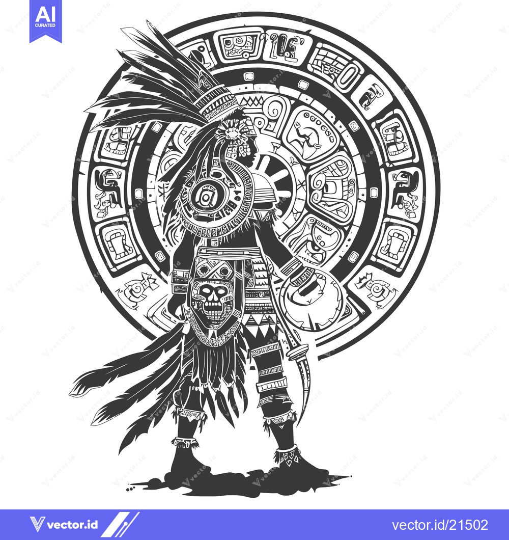 Premium Vector dari Aztec Warrior with Feathers and Calendar Symbol