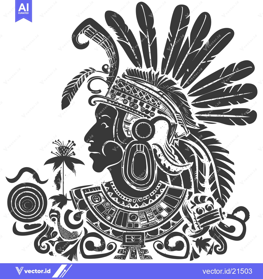 Premium Vector of Aztec Warrior with Feathers and Floral Motifs