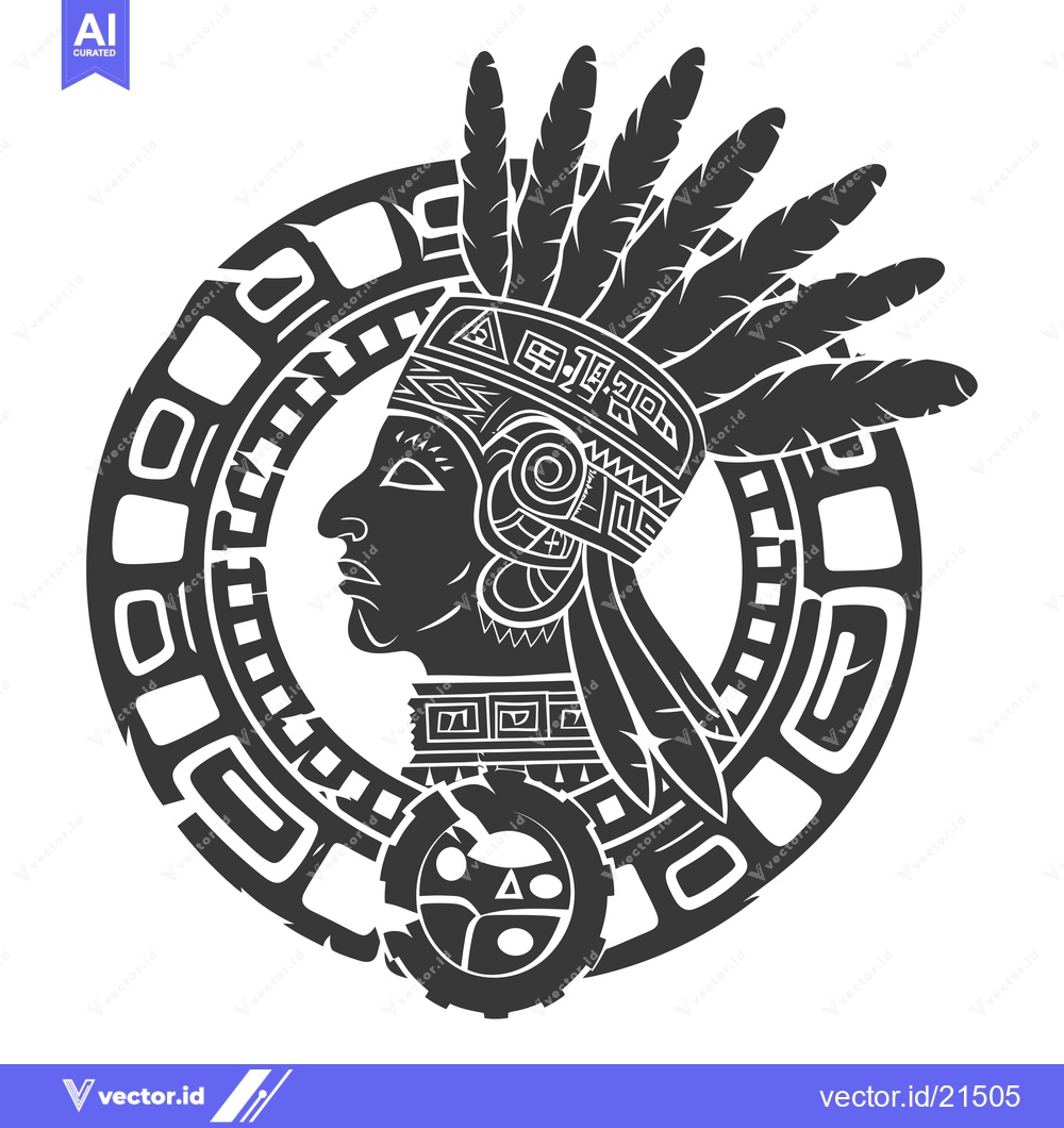 Premium Vector of Aztec Warrior with Feathers and Ornamental Frame