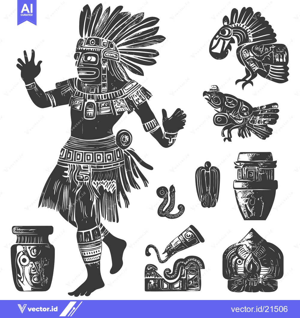 Premium Vector of Aztec Warrior with Feathers and Symbolic Objects