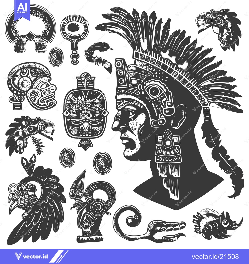 Premium Vector of Aztec Warrior with Feathers, Masks, and Symbols