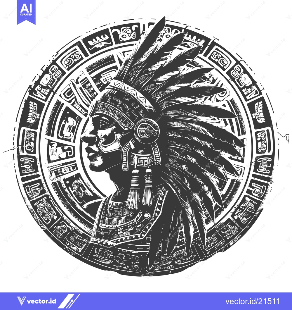 Premium Vector of Aztec Warrior with Headdress and Glyphs