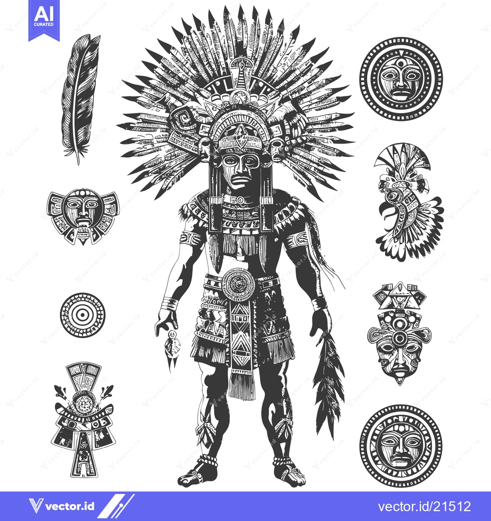 Premium Vector dari Aztec Warrior with Headdress and Ornamental Elements