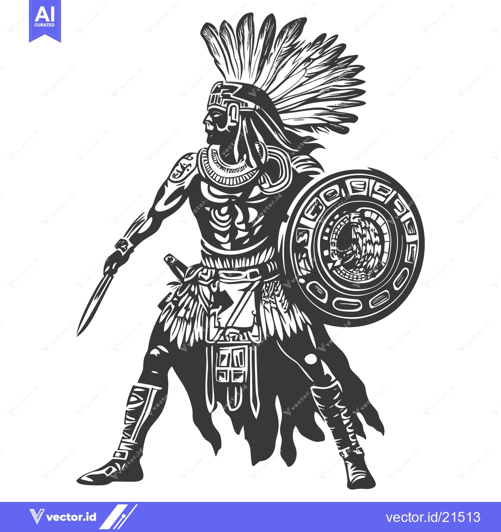 Premium Vector of Aztec Warrior with Headdress, Shield, and Weapon