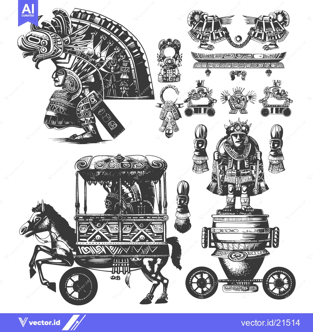 Premium Vector dari Aztec Warrior with Horse-Drawn Chariot and Various Ornamental Motifs