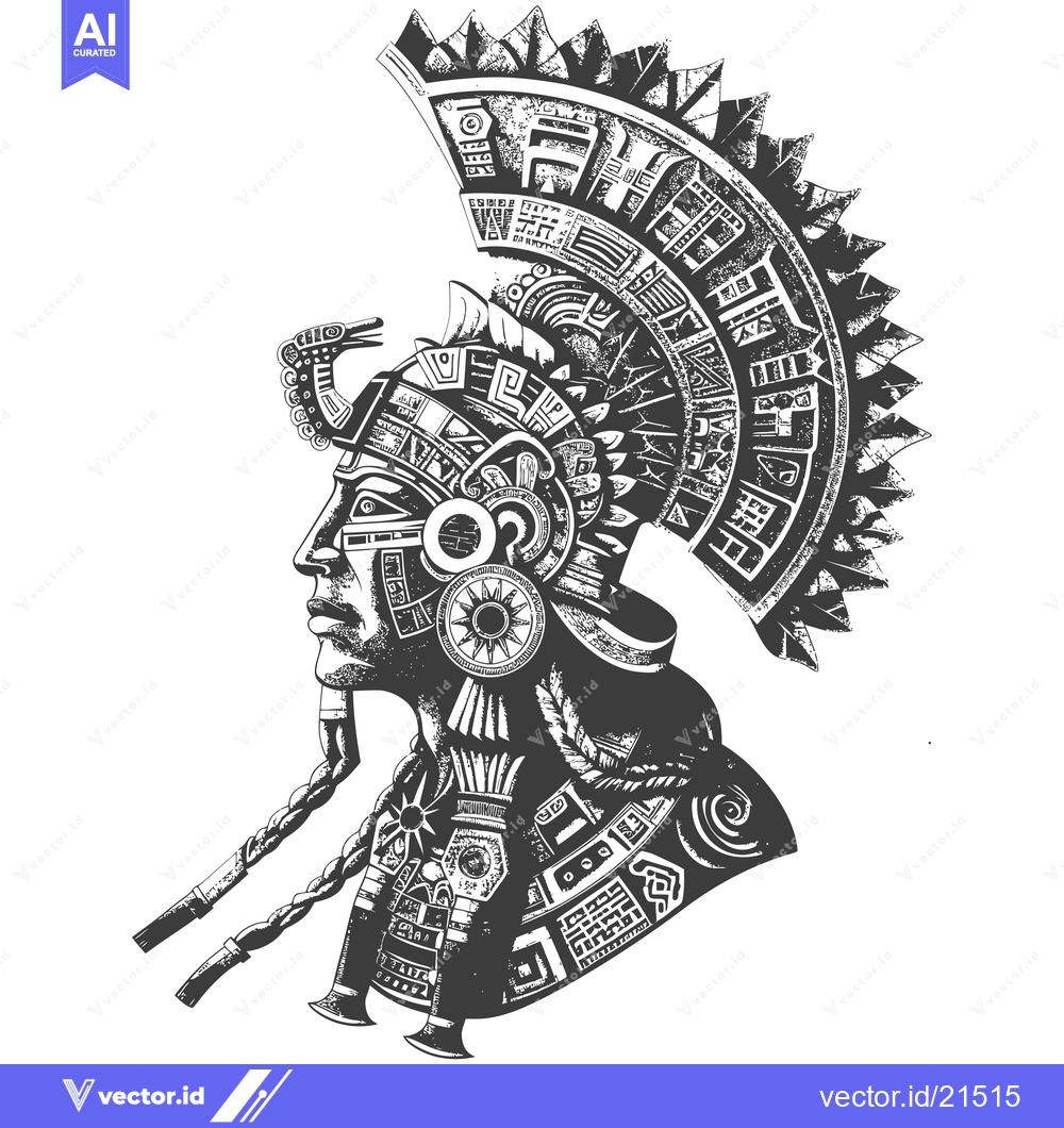 Premium Vector dari Aztec Warrior with Intricate Headpiece and Facial Features