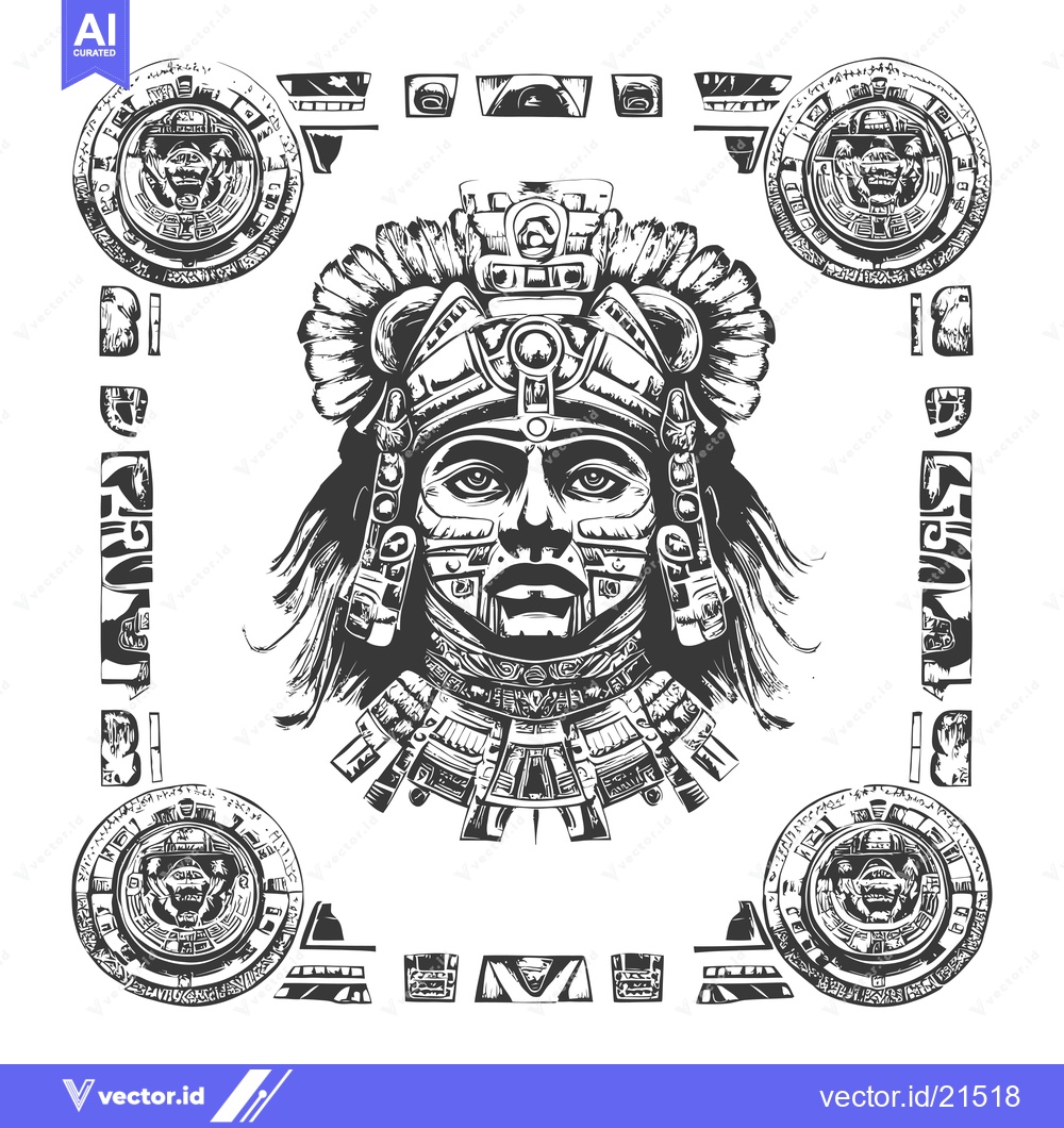 Premium Vector of Aztec Warrior With Ornate Headpiece And Glyphs