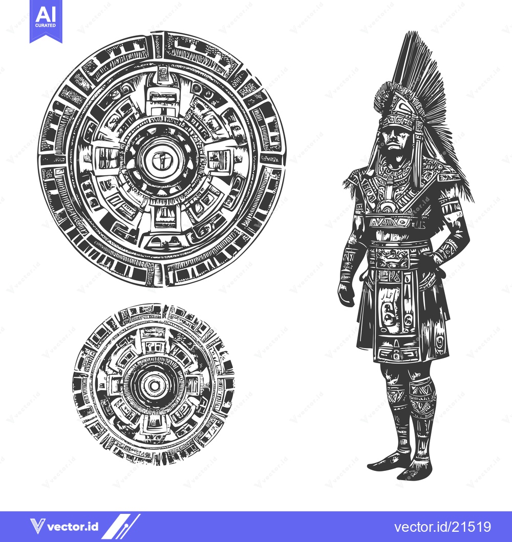 Premium Vector dari Aztec Warrior with Ornate Headwear and Circular Designs