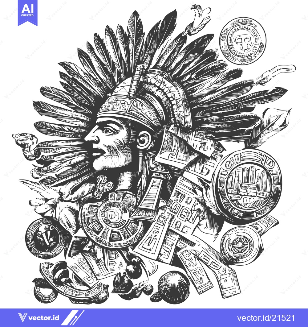 Premium Vector dari Aztec Warrior with Plumed Headdress and Glyphs