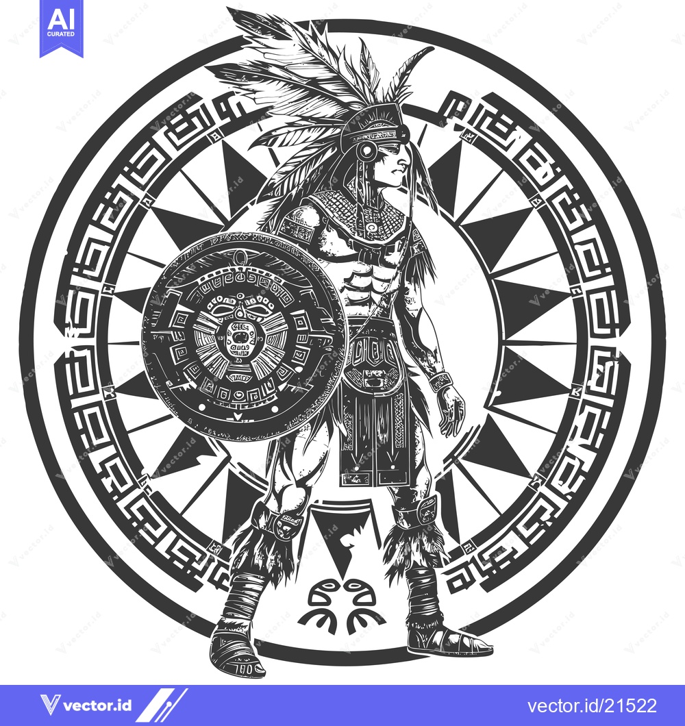 Premium Vector dari Aztec Warrior with Shield and Feather Headdress Standing in a Circular