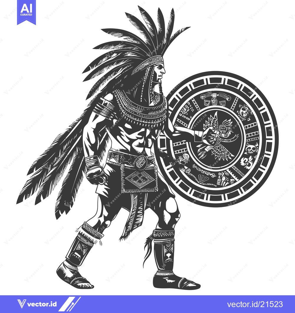 Premium Vector of Aztec Warrior with Shield and Feather Headress